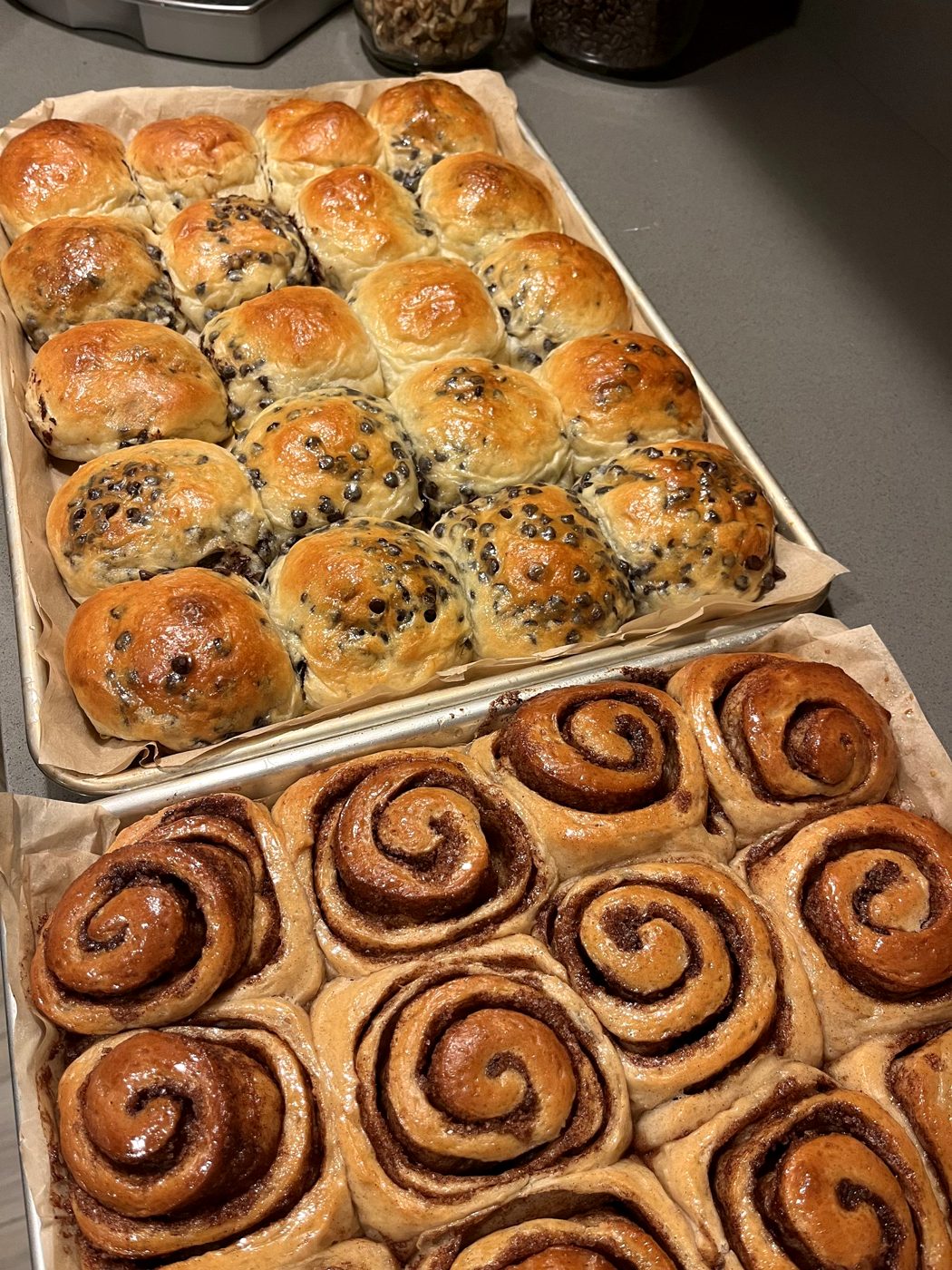 Cinnamon rolls and chocolate chip buns